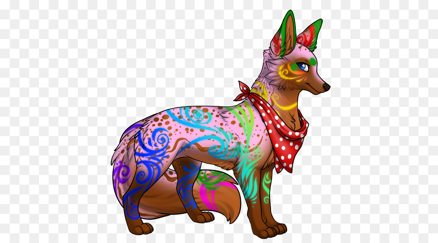 A colorful, stylized anthropomorphic fox with vibrant swirl patterns and a red polka-dot bandana, standing against a transparent background.