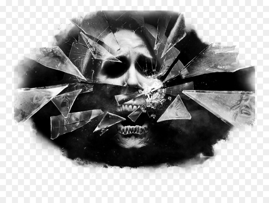 A black and white image of a skull breaking through shattered glass, creating a dramatic and intense visual effect.