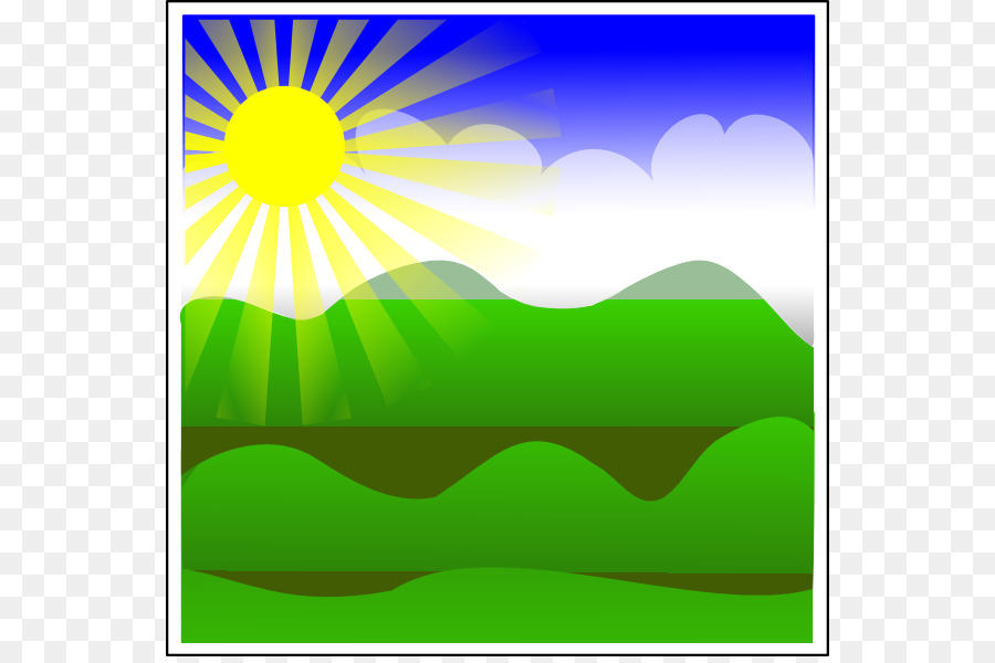 Bright yellow sun shining over green rolling hills with blue sky and white clouds.