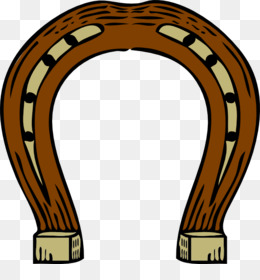 A cartoon-style brown horseshoe with black nails and a light beige interior, set against a transparent background.