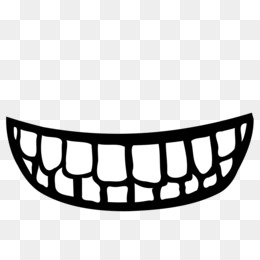 A black and white cartoon-style illustration of a wide, toothy smile with a curved mouth and visible teeth.