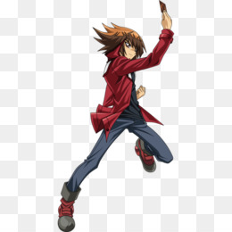 A dynamic anime character in a red coat and blue pants, mid-action with a card in hand, against a transparent background.