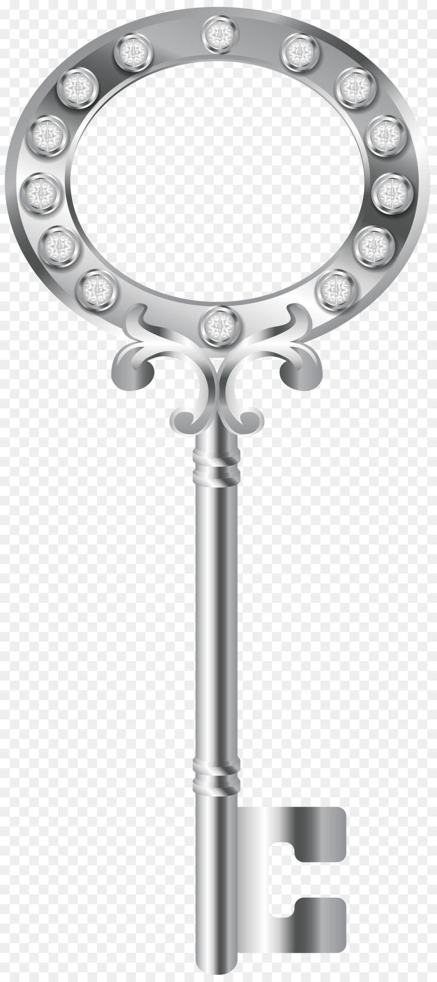 Silver decorative key with ornate handle and circular top adorned with gemstones, set against a transparent background.