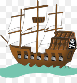 A cartoon pirate ship with sails, a skull and crossbones flag, and a wooden deck floating on green water.