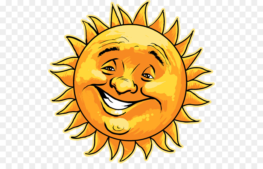 A cheerful cartoon sun with a smiling face and bright yellow rays.