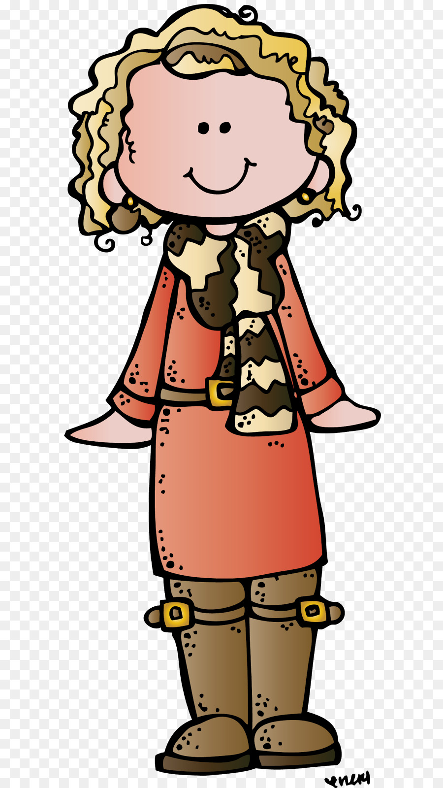 A cartoon girl with curly blonde hair wearing a red coat, patterned scarf, and brown boots.