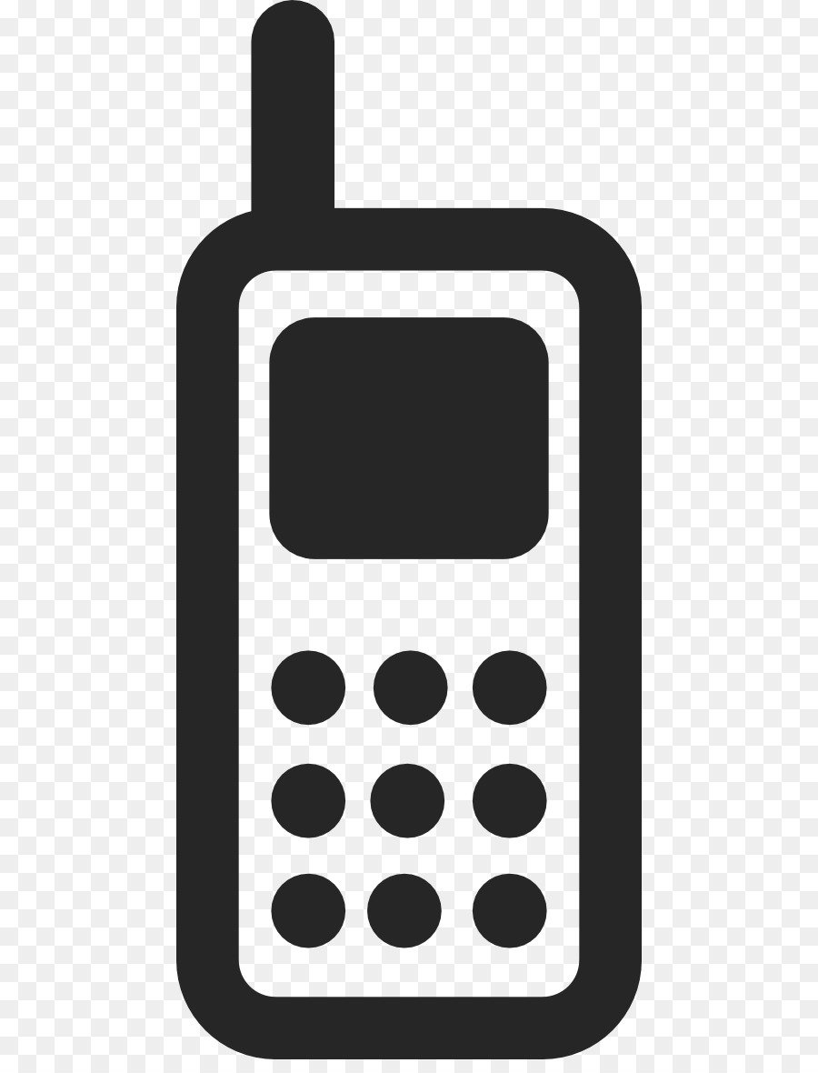 Black silhouette of a classic mobile phone with antenna and keypad on a transparent background