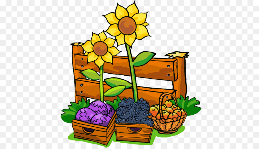 A colorful illustration of sunflowers, purple cabbage, blueberries, and apples in baskets and crates on a wooden crate background.