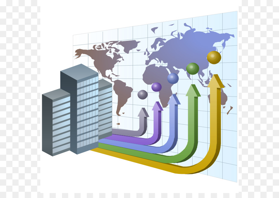 Colorful arrows rising from buildings toward a world map, symbolizing global business growth and expansion.