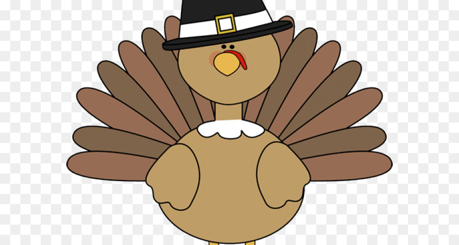 A cartoon turkey wearing a black pilgrim hat with a white buckle, standing with fanned-out brown feathers.