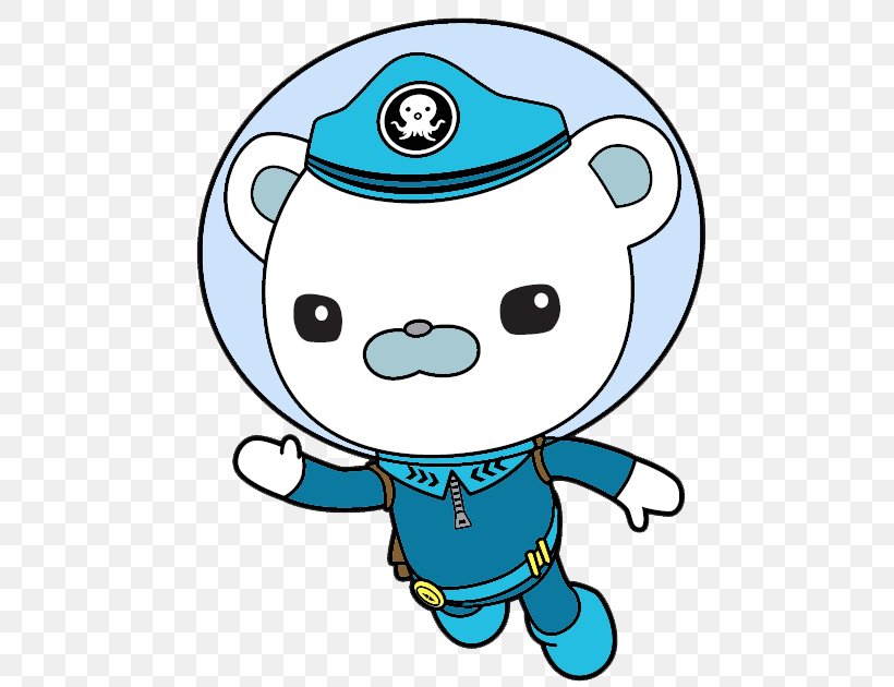 A cute cartoon polar bear in a blue underwater suit and helmet, waving with one hand.