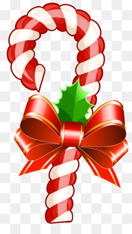 A festive red and white striped candy cane with a red bow and green holly leaf.