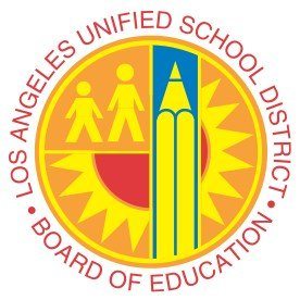 Logo of the Los Angeles Unified School District Board of Education featuring a sun, children, and a pencil.