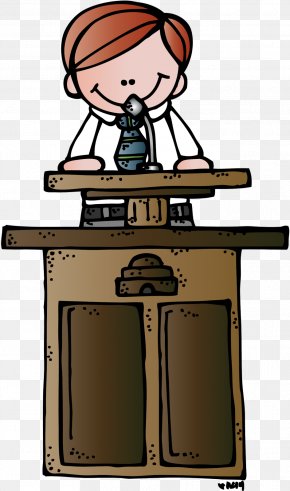 A cartoon child in a lab coat using a microscope at a wooden desk.