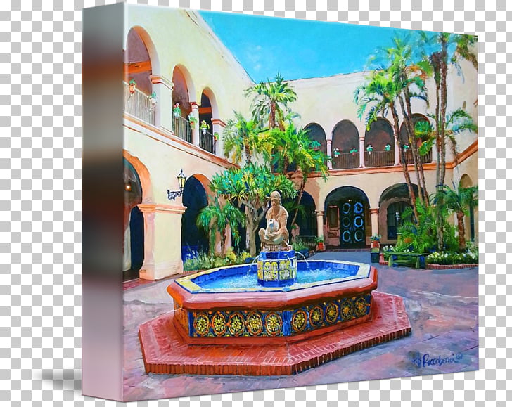 A vibrant painting of a Spanish-style courtyard with a central fountain, palm trees, and arched walkways.