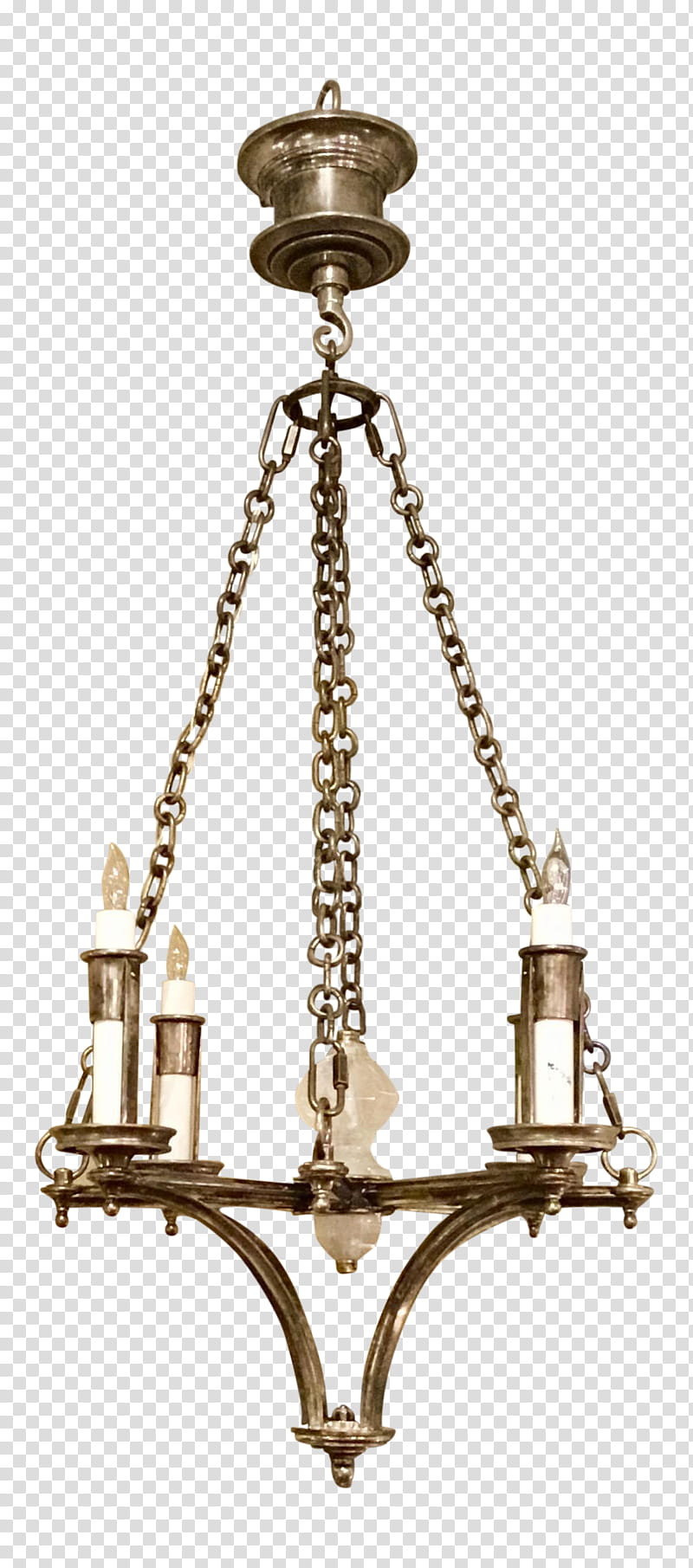 Vintage chandelier with three candle-style lights, metal chains, and ornate design.