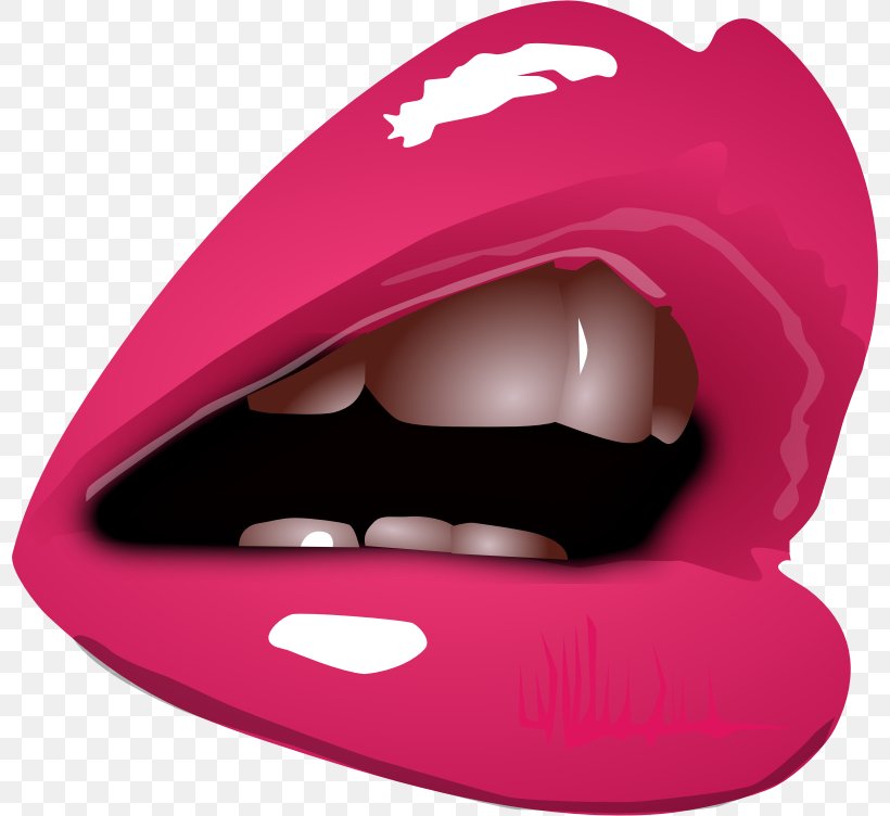 A close-up illustration of bright pink lips with a glossy finish, slightly parted to reveal teeth and a dark interior.