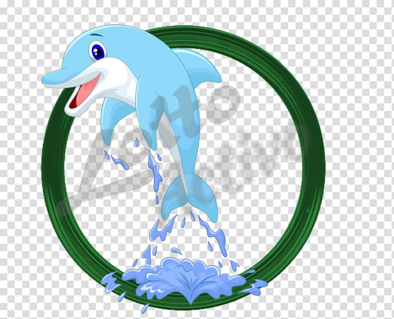 A cheerful cartoon dolphin jumping through a green ring with water splashes.