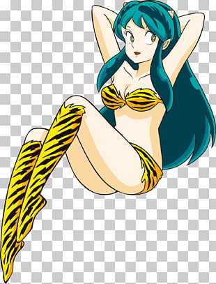 A cartoon character with teal hair wearing a yellow and black tiger-striped bikini and matching thigh-high boots, posing with hands behind her head.