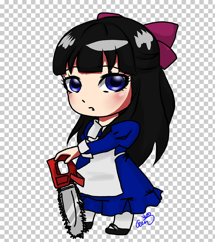 Chibi-style anime girl with black hair, blue eyes, and a purple bow, wearing a blue dress and white apron, holding a red chainsaw.
