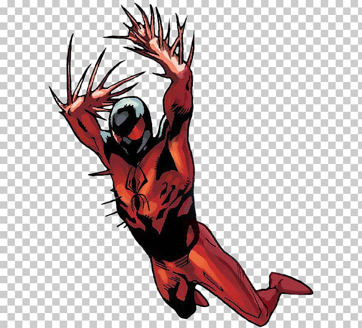 Spider-Man in a red symbiote suit with spiky protrusions, leaping dynamically against a transparent background.