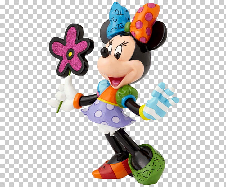 Minnie Mouse figurine holding a pink flower, wearing a colorful outfit with polka dots and a blue hat.
