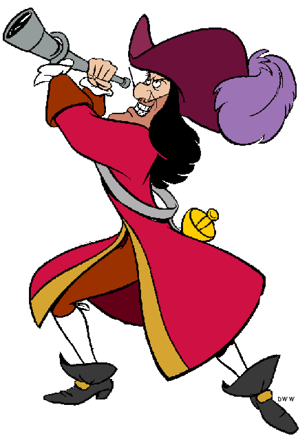 Captain Hook from Disney's Peter Pan, holding a telescope, wearing a red coat, purple hat, and black boots, with a mischievous expression.