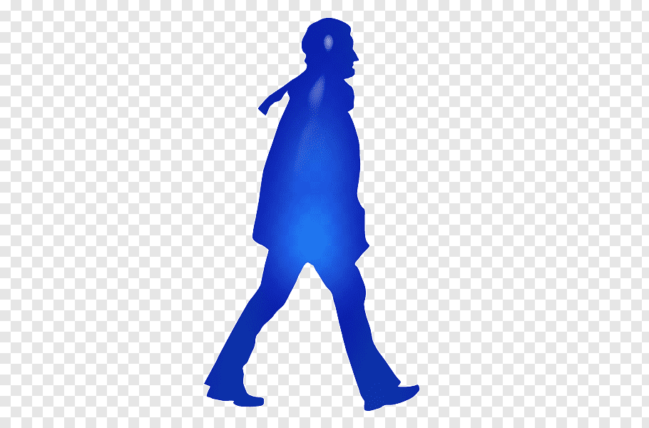 Blue silhouette of a person walking, side profile, transparent background