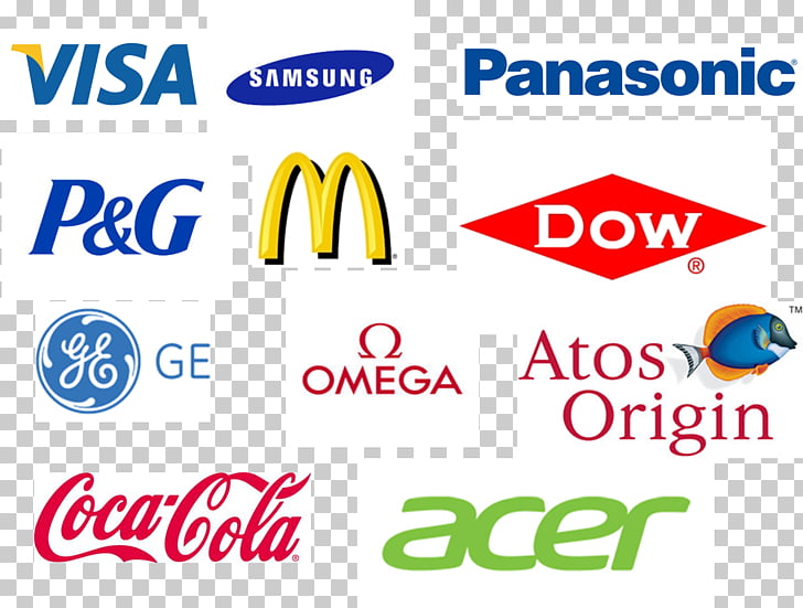 A collection of well-known brand logos including Visa, Samsung, Panasonic, P&G, McDonald's, Dow, GE, Omega, Atos Origin, Coca-Cola, and Acer.