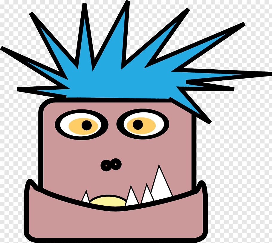 Cartoon monster with spiky blue hair, yellow eyes, and sharp white teeth.