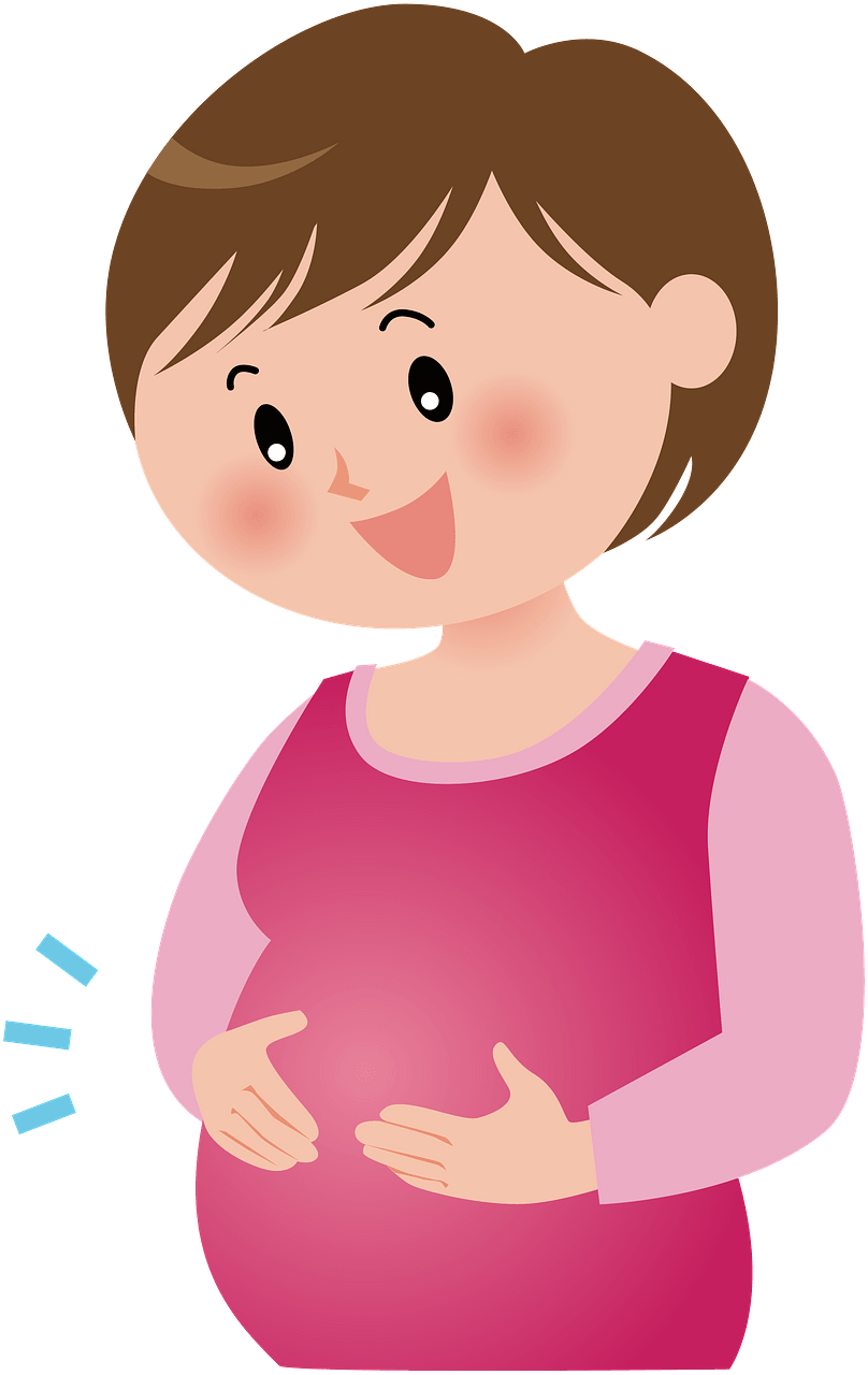 A cheerful pregnant woman with short brown hair, wearing a pink dress, gently holding her belly with a smile.