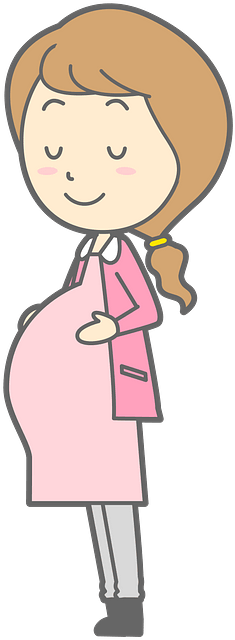 A cartoon illustration of a pregnant woman with brown hair, wearing a pink coat and smiling gently while holding her belly.