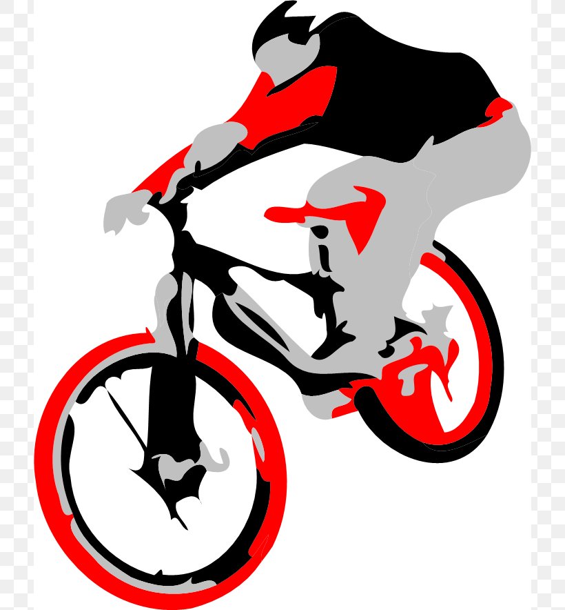 Silhouette of a cyclist riding a mountain bike with red, black, and gray design elements.
