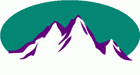 Purple mountain range silhouette against a teal oval background