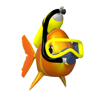 A cartoon goldfish wearing a scuba diving mask and snorkel, swimming against a yellow background.