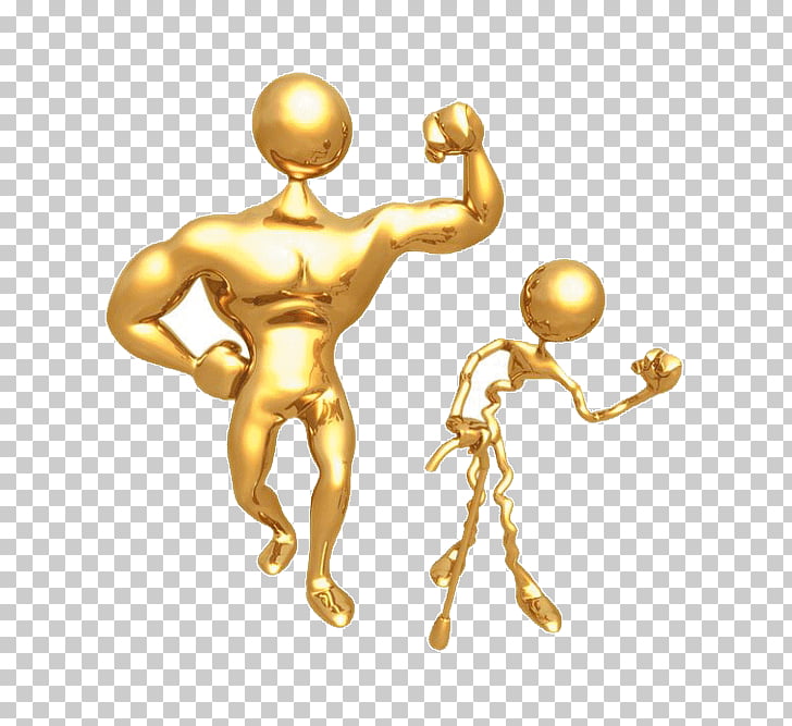 Golden muscular and slender 3D figures flexing, symbolizing strength and fitness.