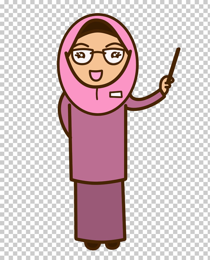 A cartoon illustration of a woman wearing a pink hijab and glasses, holding a pointer stick, dressed in a purple outfit, appearing to teach or present.