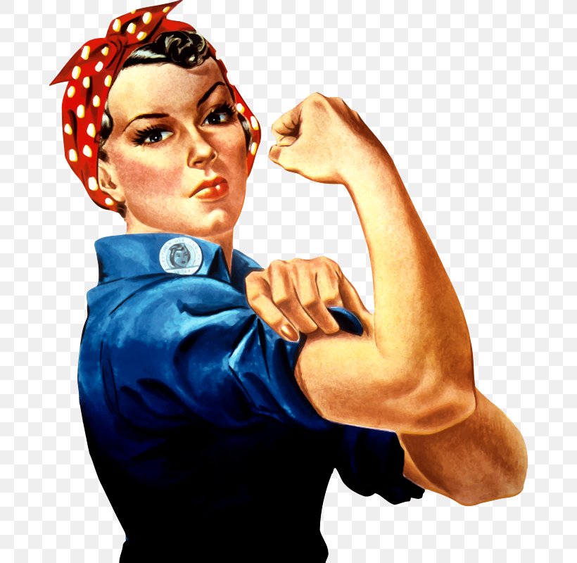 A woman in a red polka-dot bandana and blue work shirt flexing her bicep, iconic "Rosie the Riveter" image.