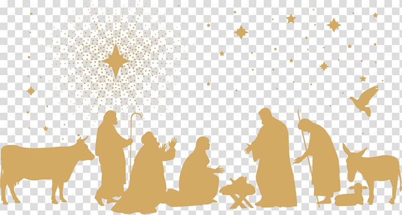 Silhouette of a nativity scene with Mary, Joseph, baby Jesus in a manger, shepherds, animals, and a star in the sky.