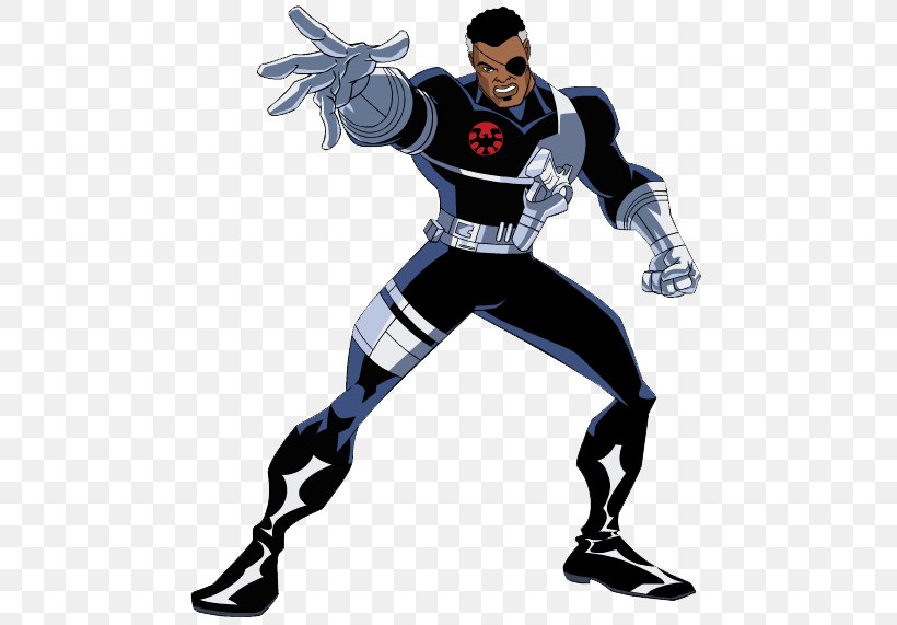 Black Panther in a dynamic pose, wearing a black and silver suit with a red emblem on the chest, from the animated series.