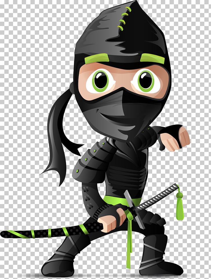 A cartoon ninja character in black and green attire, holding a sword with a green tassel, standing in a dynamic pose.