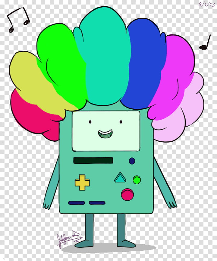 A colorful, cartoon-style drawing of BMO from Adventure Time with a rainbow afro hairstyle and musical notes around, smiling and standing on a transparent background.