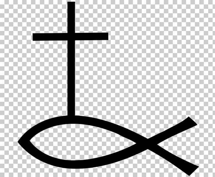 Black Christian cross and fish symbol (Ichthys) on transparent background