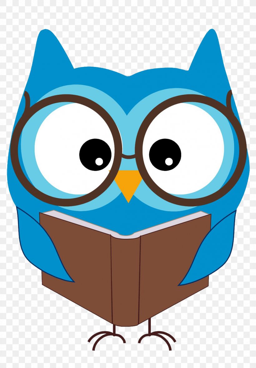 Blue cartoon owl wearing glasses reading a book