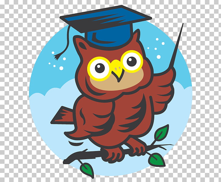 A cartoon owl wearing a graduation cap and holding a pointer, perched on a branch with green leaves against a blue circular background.