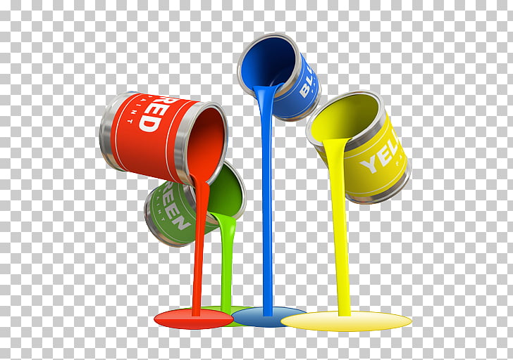 Three paint cans in red, blue, and yellow pouring paint onto a transparent background.