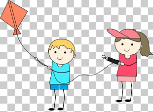 Two children flying a kite together, one in a blue shirt and the other in a red shirt with a pink hat.