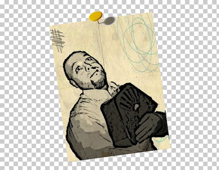 A sketch of a man holding an accordion, pinned to a surface with a yellow thumbtack.