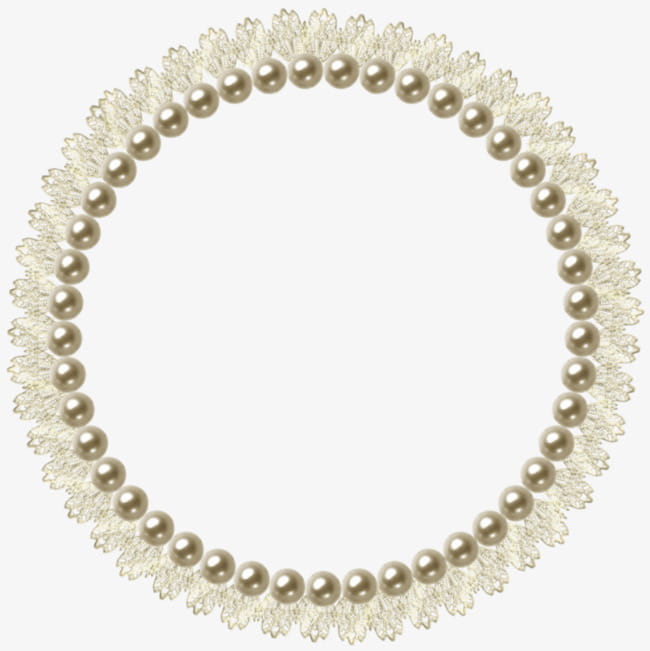 A circular frame made of cream-colored pearls and delicate lace trim.