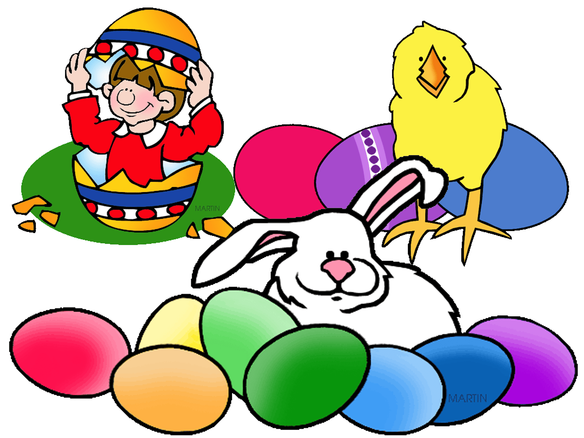 A colorful Easter illustration featuring a boy emerging from a decorated egg, a white bunny surrounded by colorful Easter eggs, and a yellow chick standing nearby.